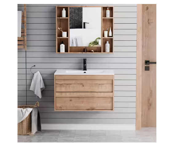 eclife 30″ Floating Oak Single Sink Bath Vanity White Resin Top Faucet Set