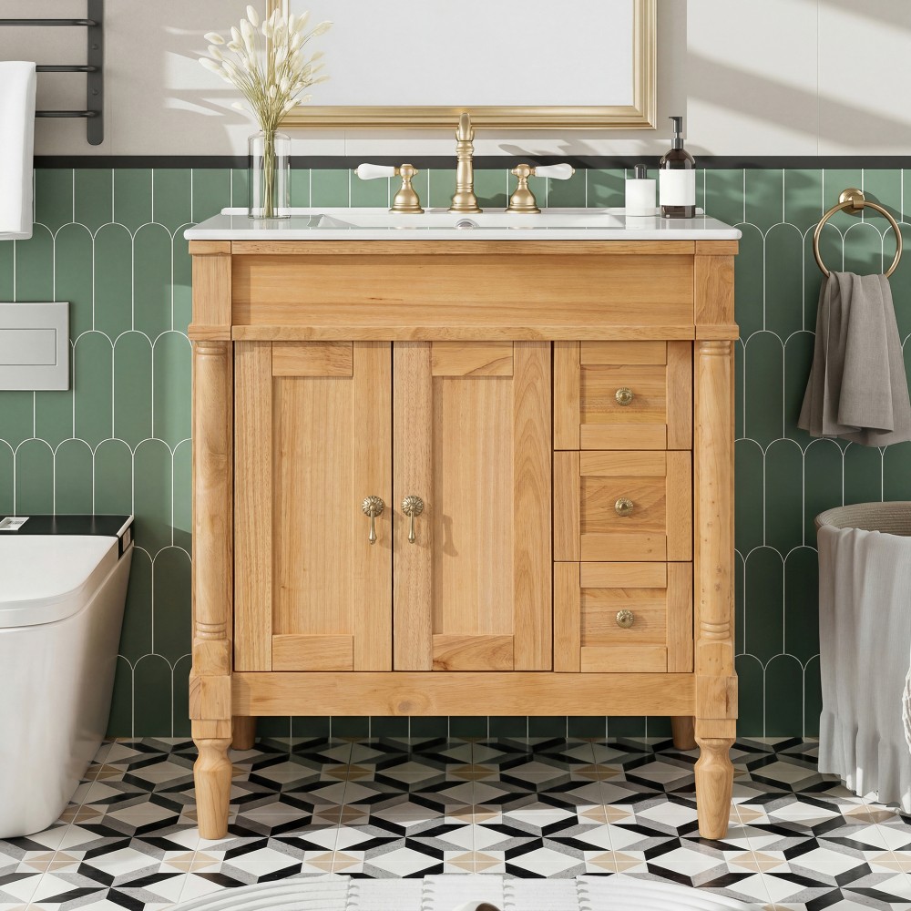 30-Inch Modern Bathroom Vanity, Solid Wood Frame + MDF, 2 Doors 3 Drawers