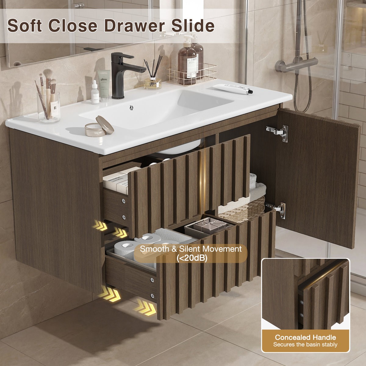 36″ Floating Bathroom Vanity with Ceramic Sink Wall Mounted Soft Close Drawers