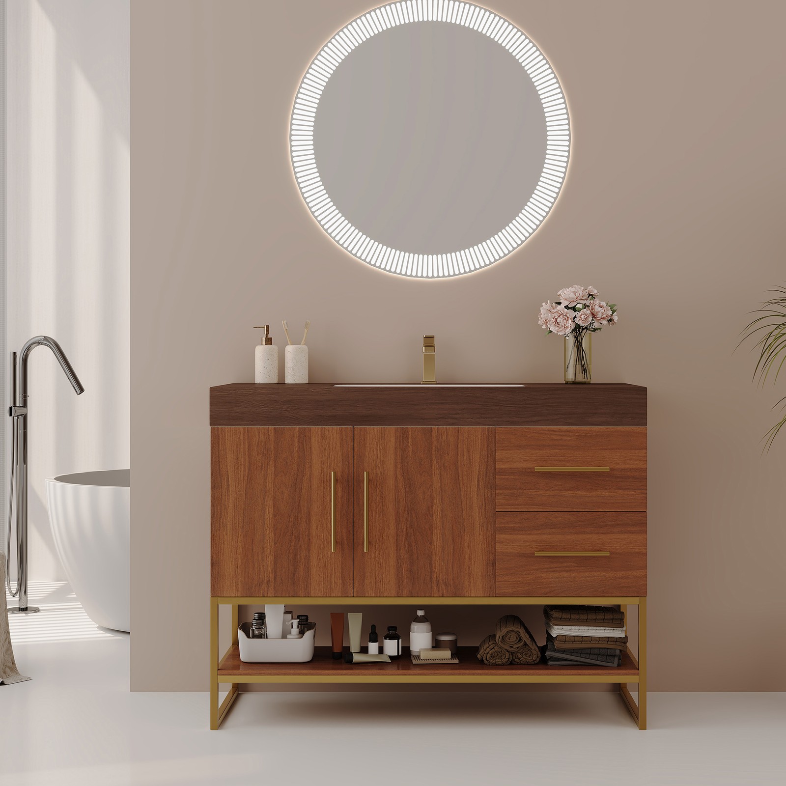 36″ Modern Bathroom Vanity w/Seamless Ceramic Sink & Sintered Stone Top Walnut