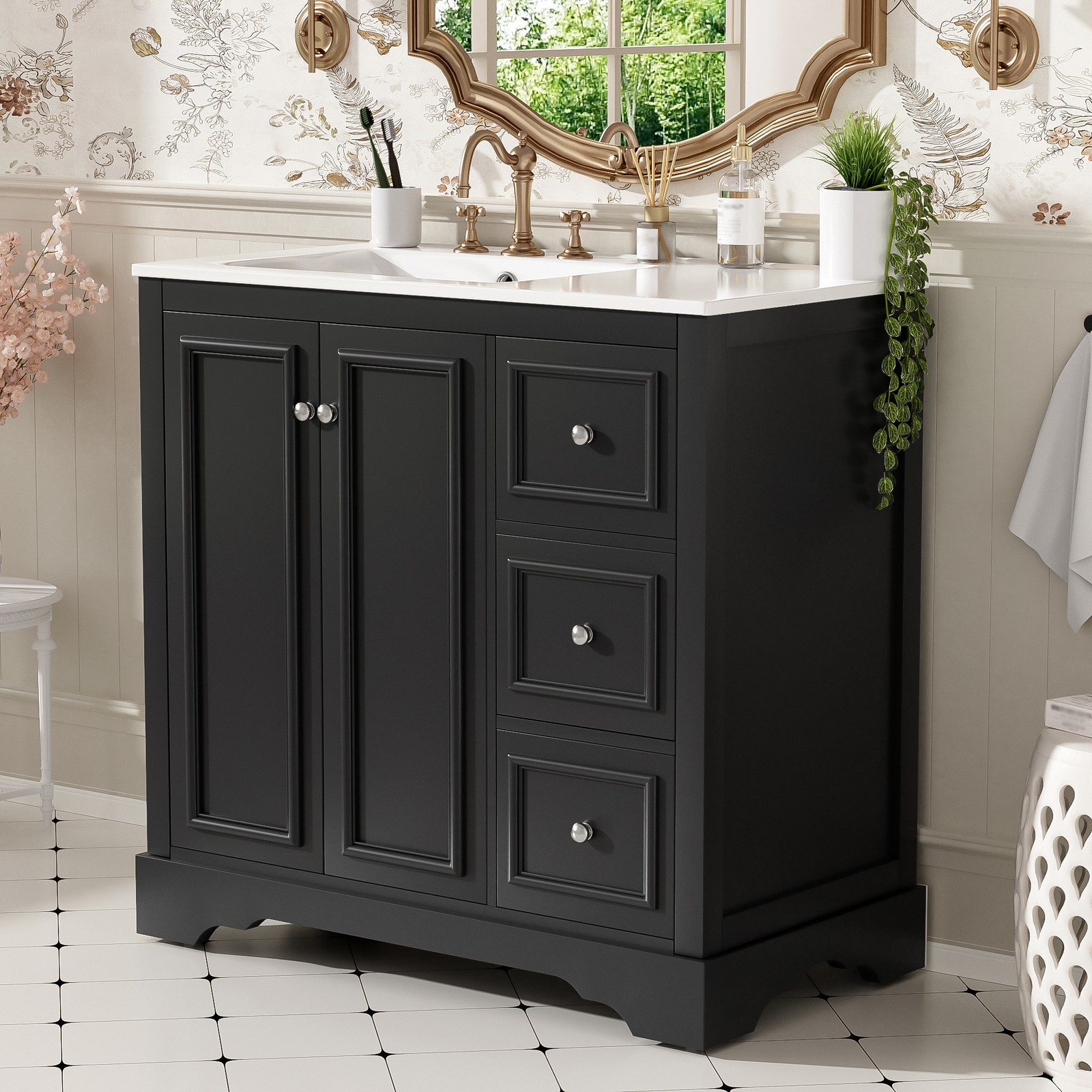 36″ Bathroom Vanity Cabinet Storage with Sink Combo w/2 Door & 3 Drawers Black