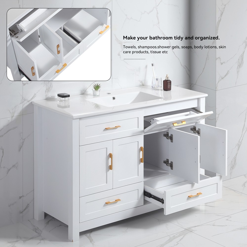 48″ White Bathroom Vanity with 4 Doors & 4 Drawers, Soft Close