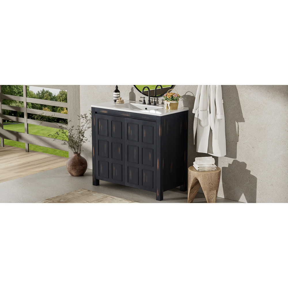 36″ Vintage Bathroom Vanity w/Ceramic Sink,Solid Wood Frame,Soft Close Doors