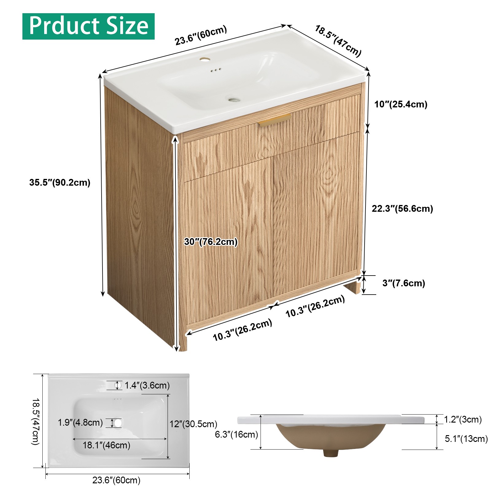 Bathroom Wood Vanity 23.6″ &Ceramic Sink,Freestanding Storage Cabinet Vanity