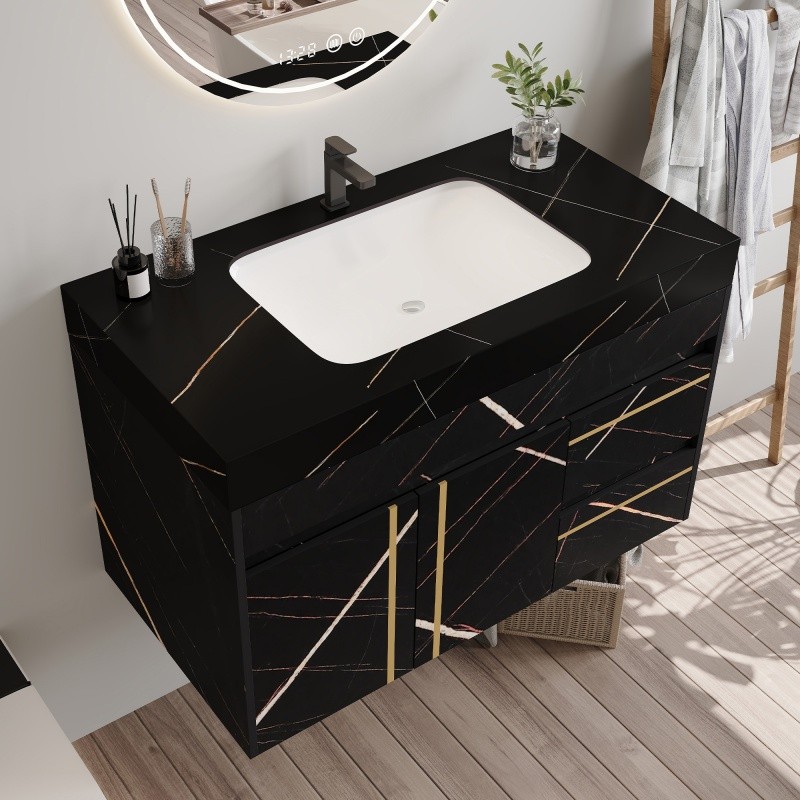 35.4in Bathroom Vanity w/Ceramic Sink Wall Mount Floating Cabinet for Small Room