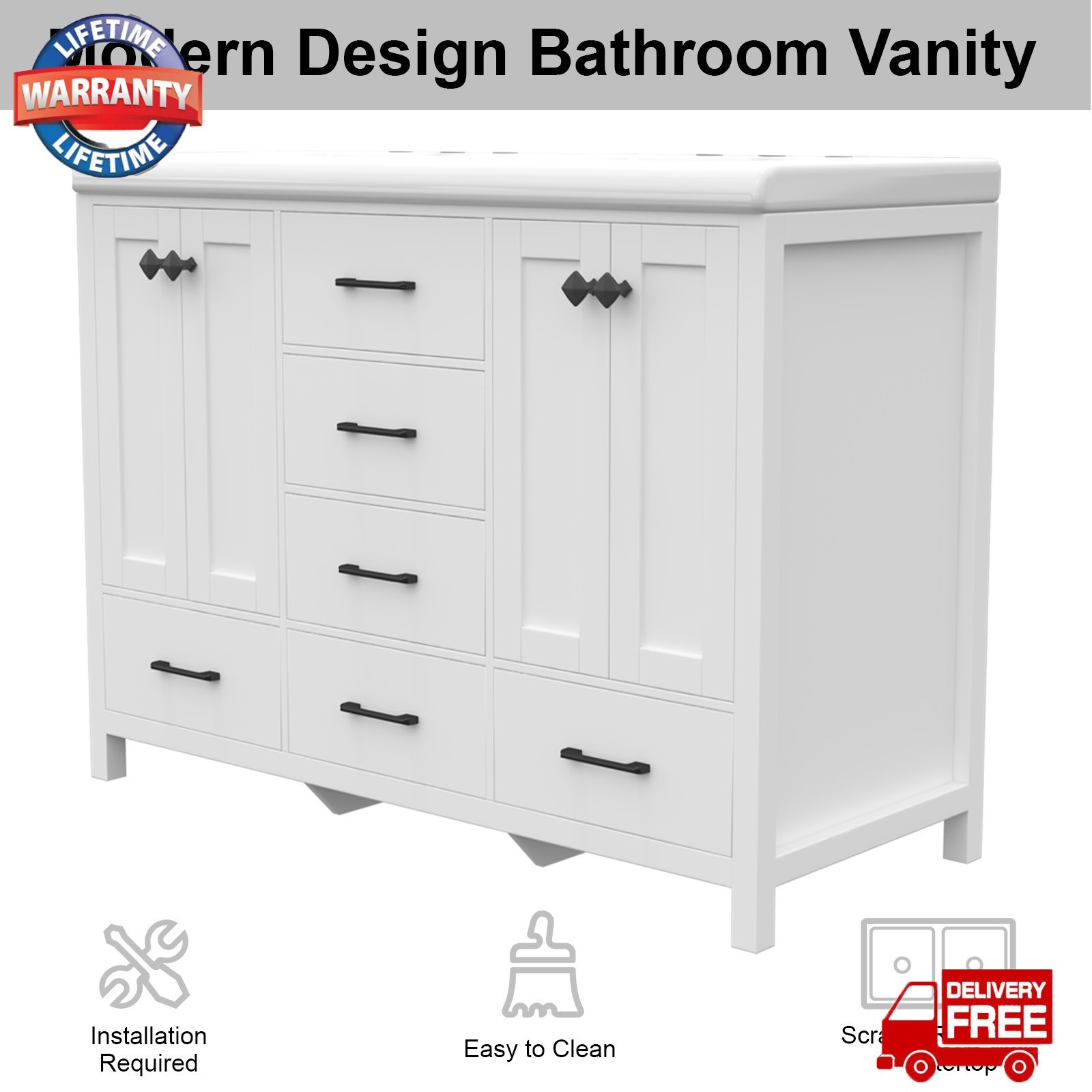 47″ Bathroom Vanity with Double Ceramic Sink and Cabinet Freestanding +Drawers