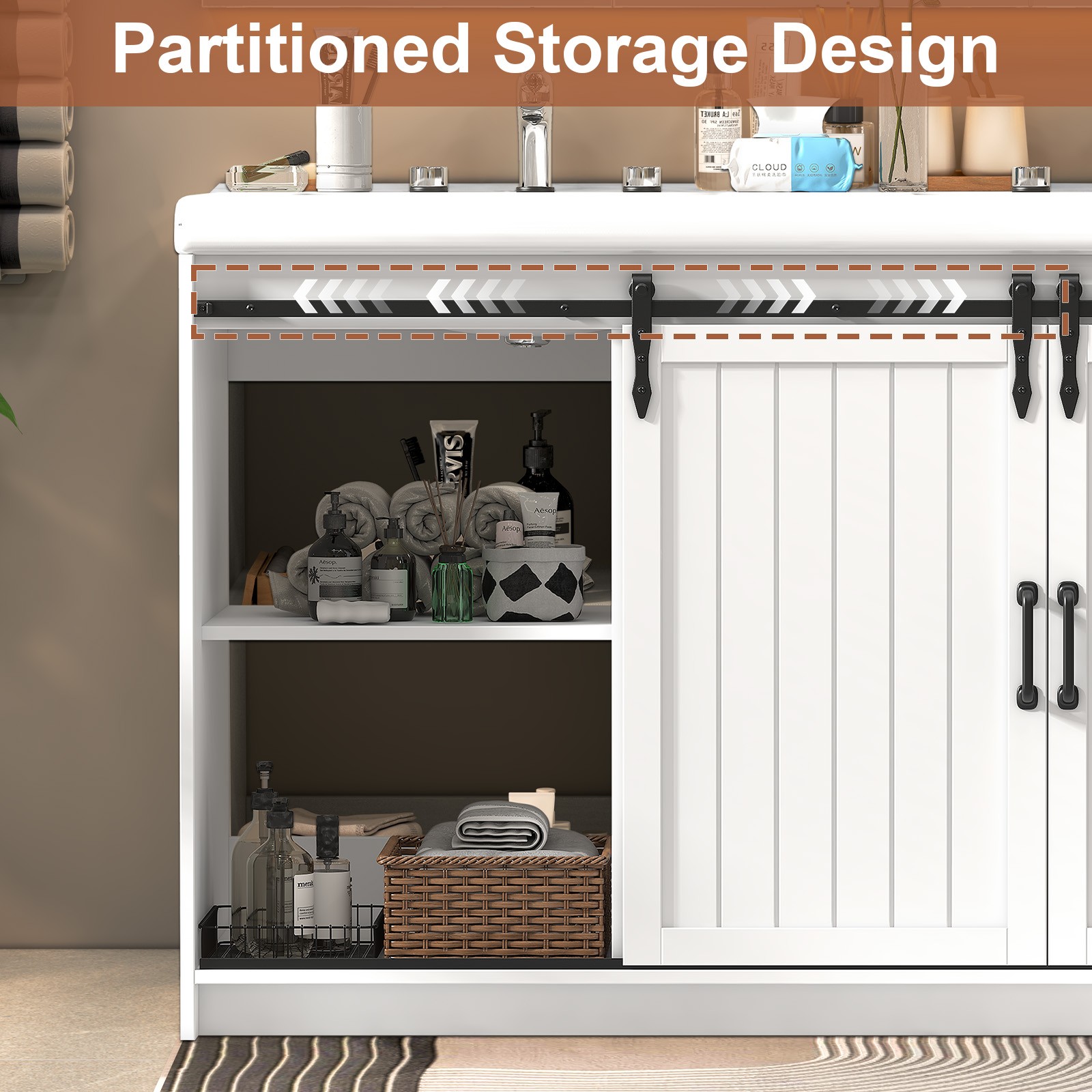 47″ Bathroom Double Sink Vanity Cabinet Ceramic Vessel Double Sink Cabinet White