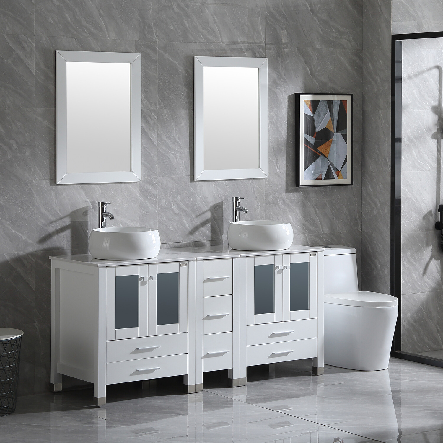 60” White Double Vanity Cabinets Bathroom Ceramic Bowls Faucet w/Mirrors Combo