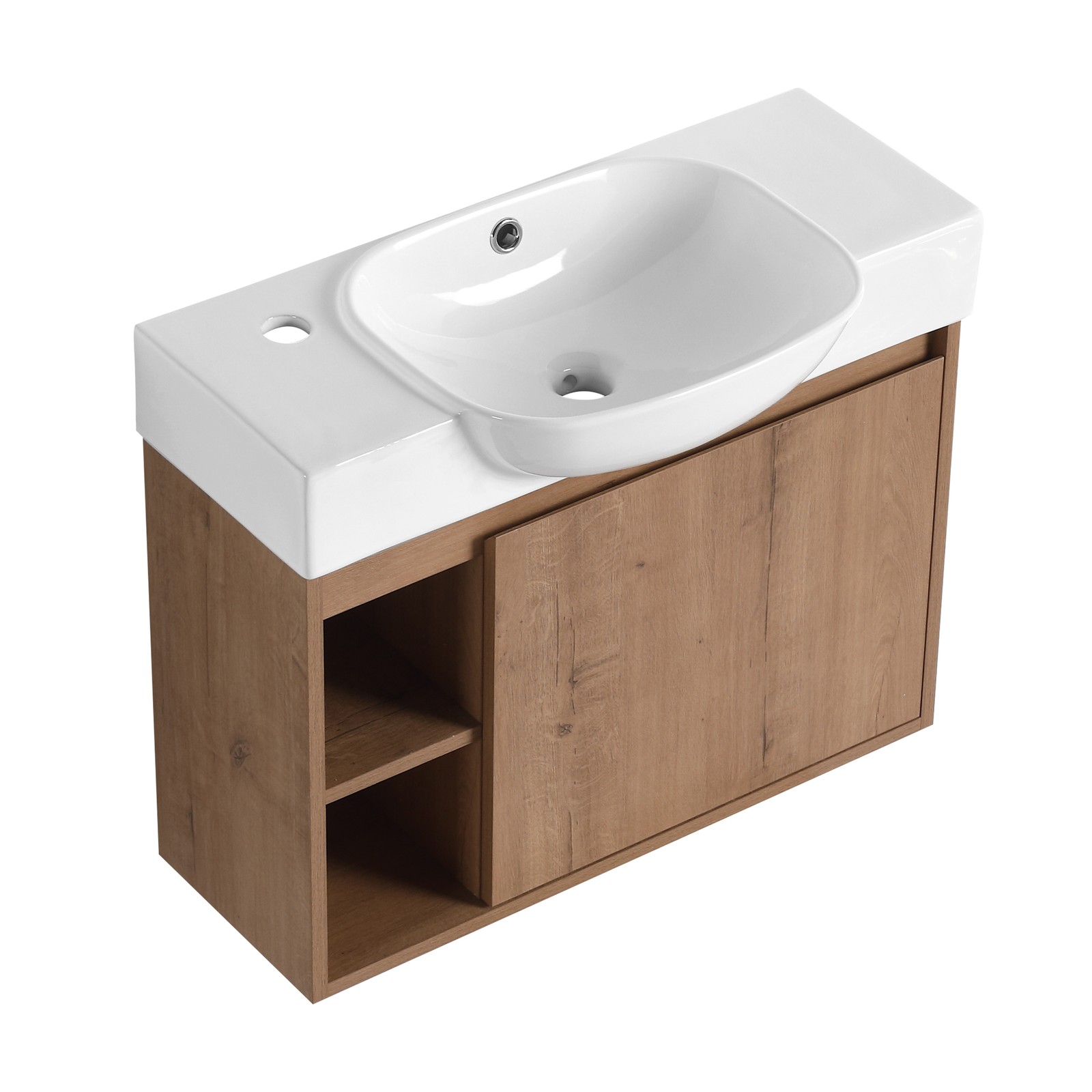 26in Plywood Freestanding Bathroom Vanity W/ Ceramic Sink Basin Door Shelf Oak