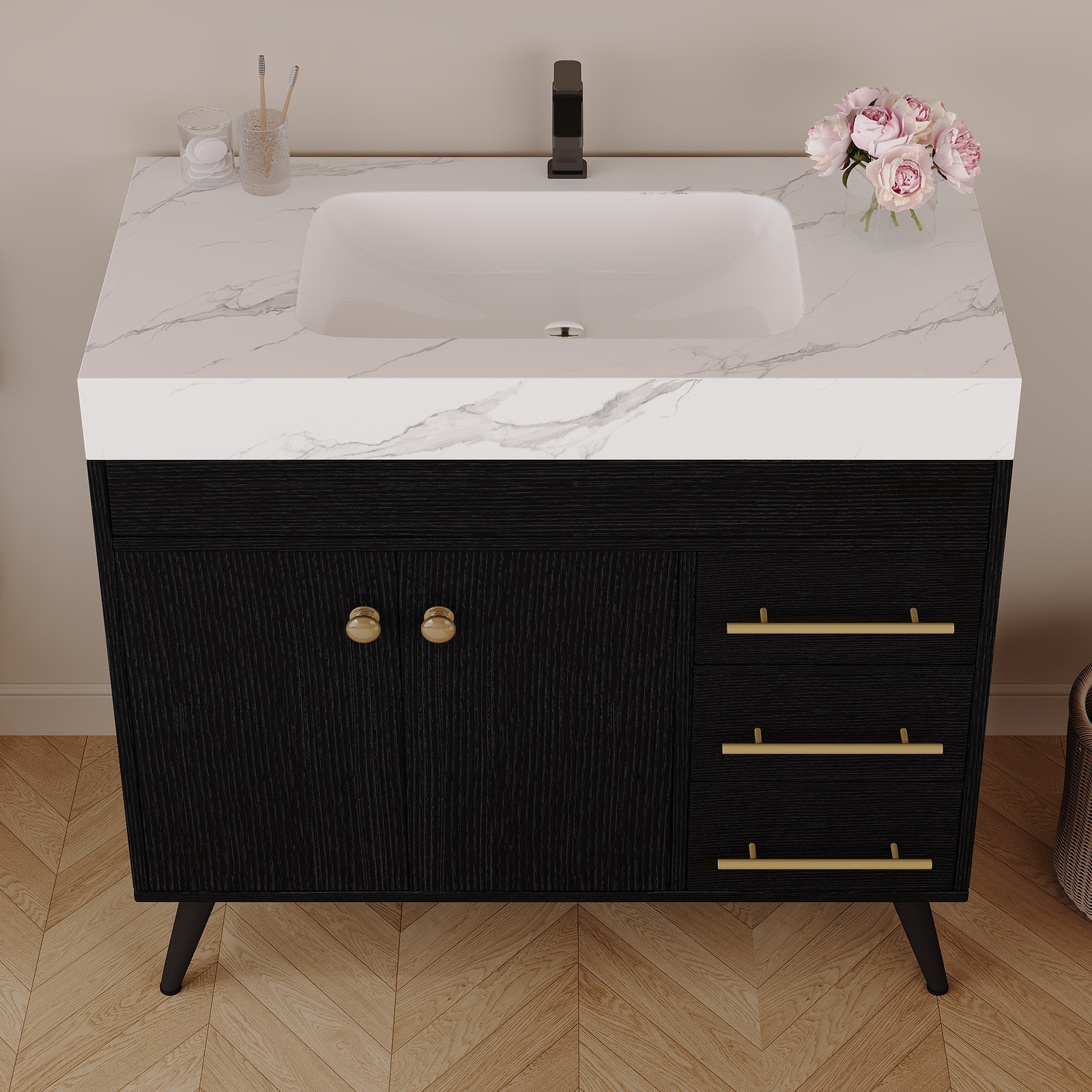 36″ Freestanding Bathroom Vanity with Ceramic Sink & Faux Marble Top