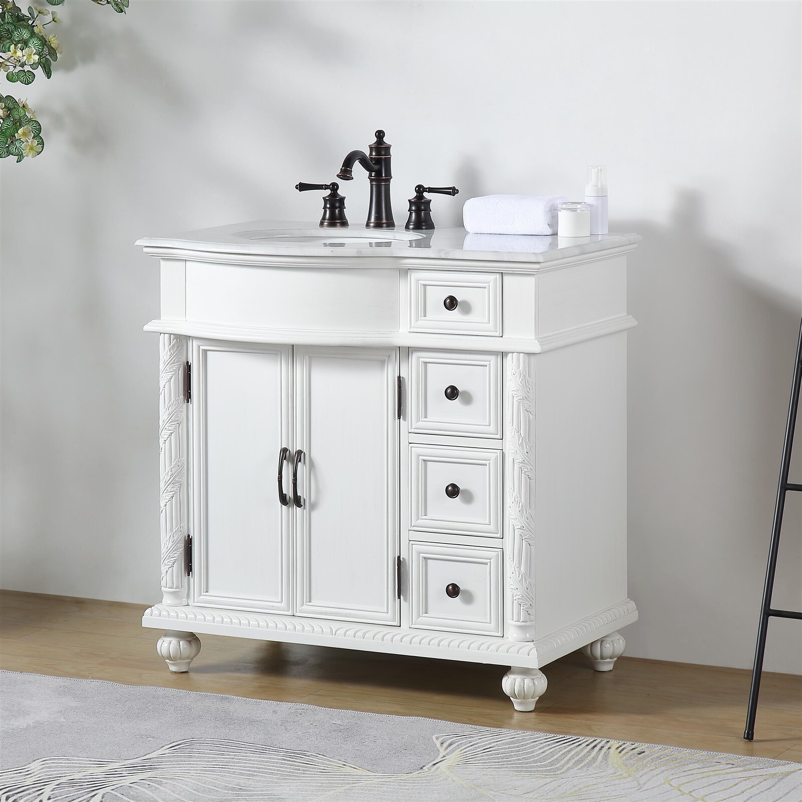 36″ Carrara White Marble Top Bathroom Single Vanity Cabinet – Left Side Sink