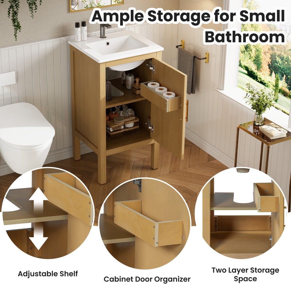 18″ Bathroom Cabinet with Ceramic Sink, Adjustable Shelf, Soft-Closing Hinges