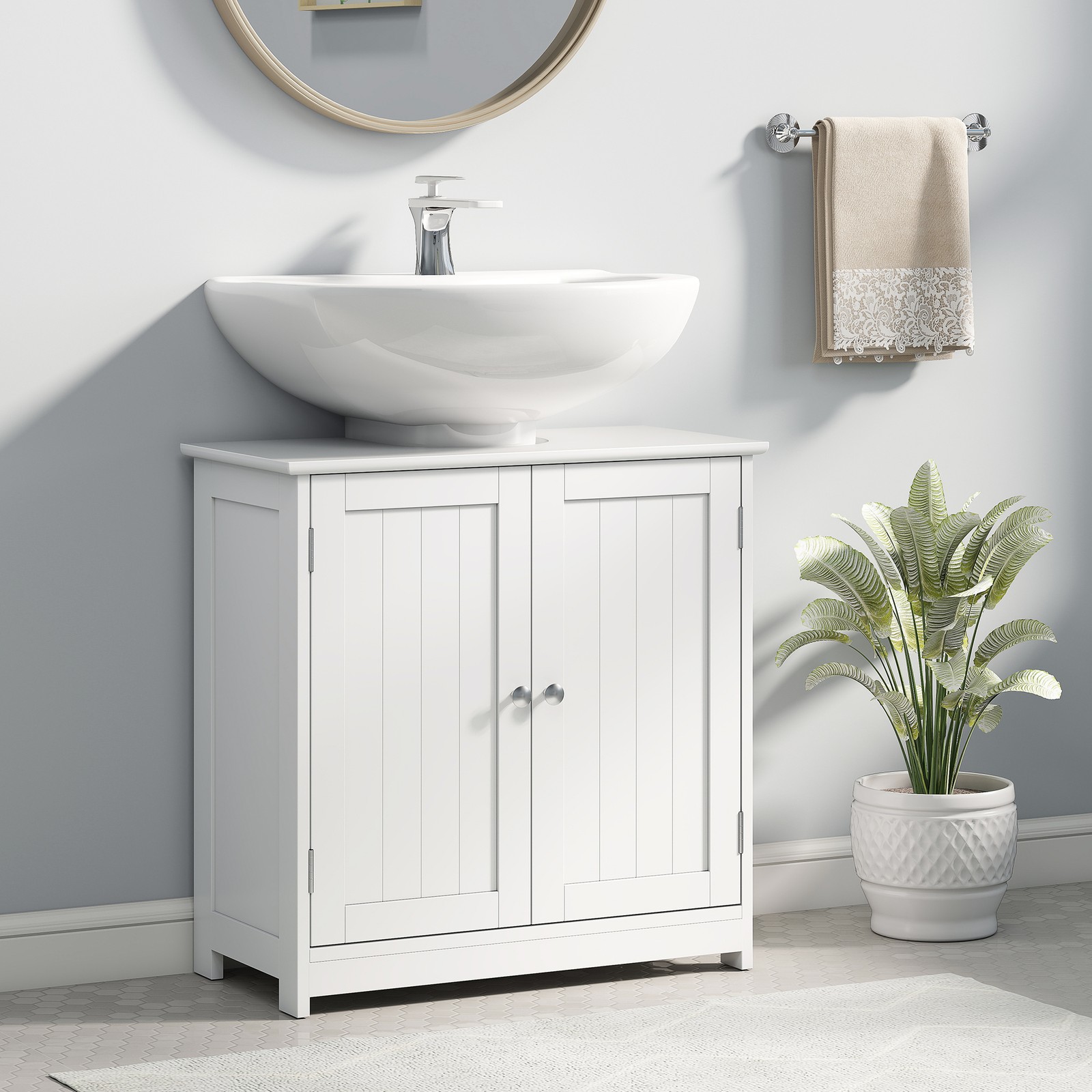 Short Pedestal Sink Washroom Storage Furniture w/Double Doors and Moveable Shelf