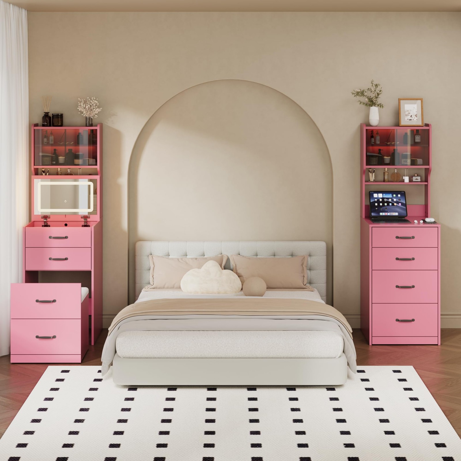 3 in 1 Vanity Flip Top Mirror Lights Collapsible Panel Hidden Stool Storage Pink