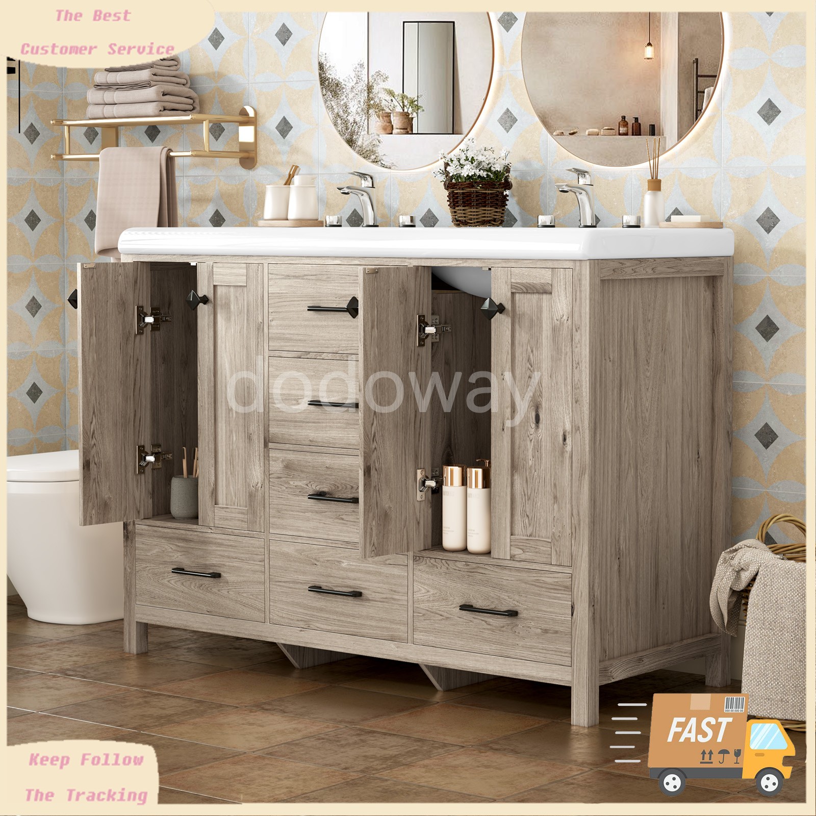 47″ Bathroom Vanity with Ceramic Sink Freestanding Storage Cabinet w/ 6 Drawers