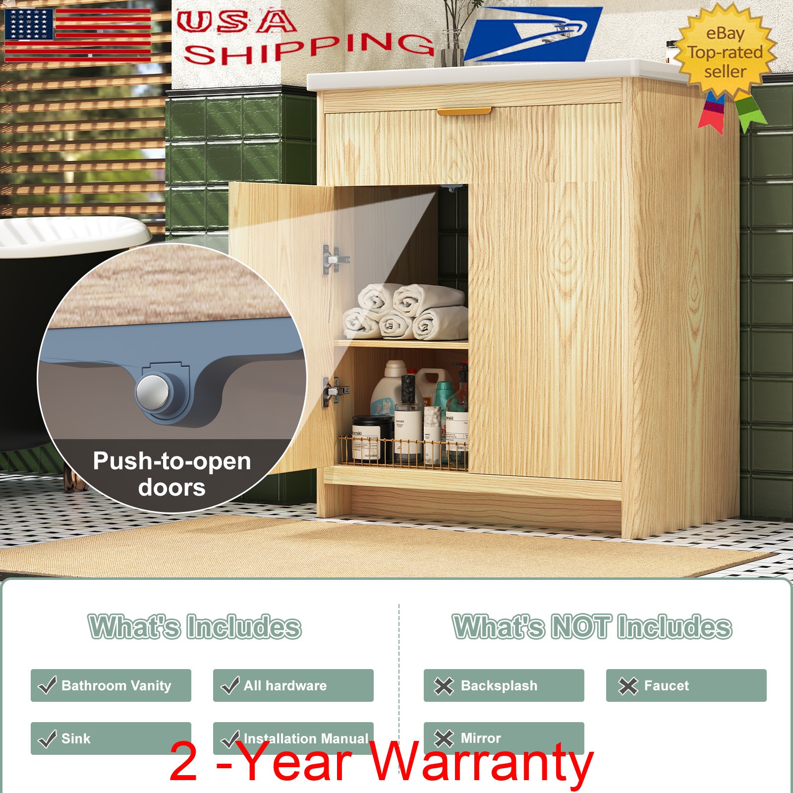 31″ Bathroom Vanity w/Ceramic Sink Modern Freestanding Vanity Cabinet w/ 2 Doors