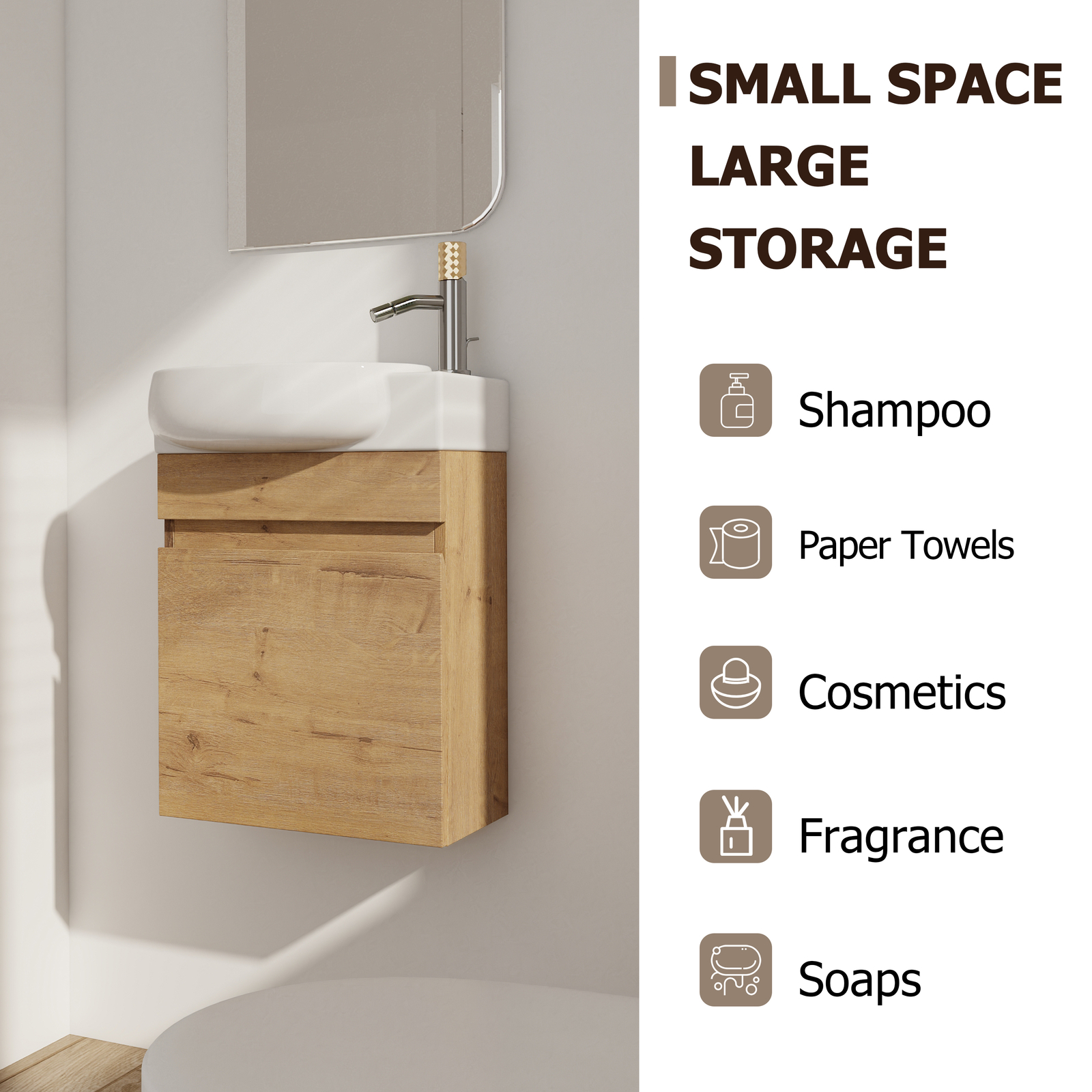 16″ Wood Bathroom Vanity W/Sink Combo Wall Mounted Floating for Small Space NEW