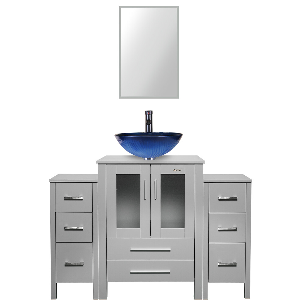 48″ Gray Bathroom Vanity Vessel Sink Set Small Cabinet Faucet Combo No Mirror