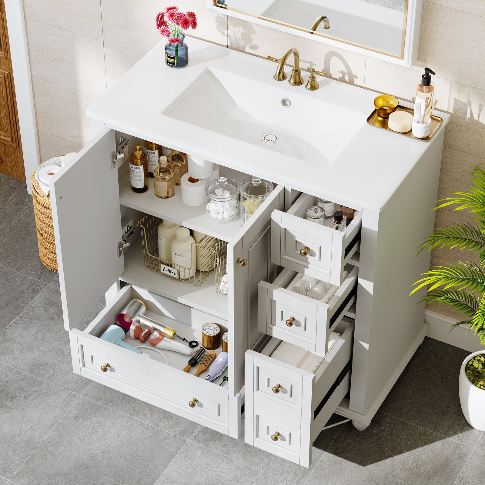 36” Bathroom Vanity with Ceramic Sink，Modern Wood Storage Cabinet with Drawers