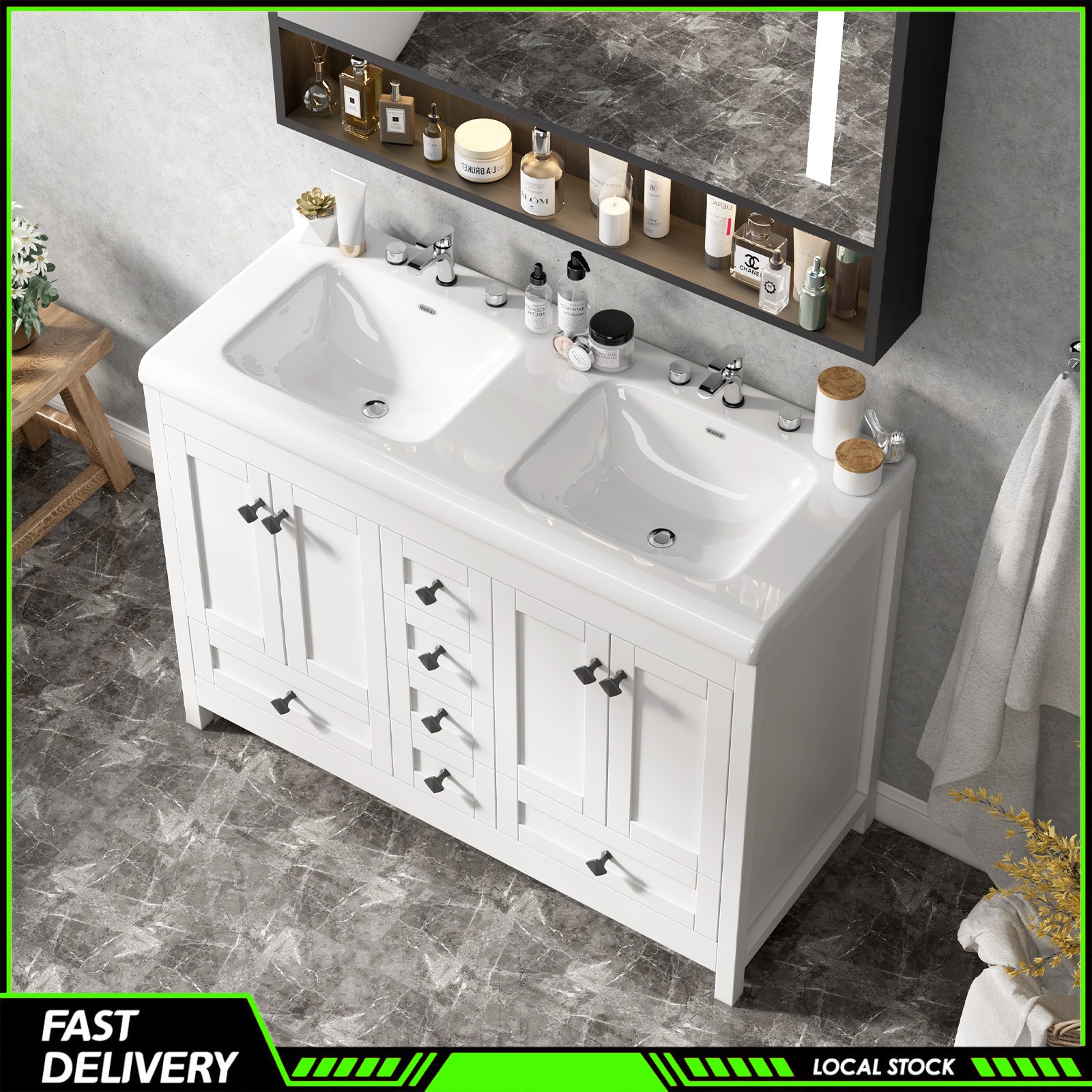 47″ White Bathroom Vanity Double Ceramic Sinks Freestanding Cabinet w/ 5 Drawers