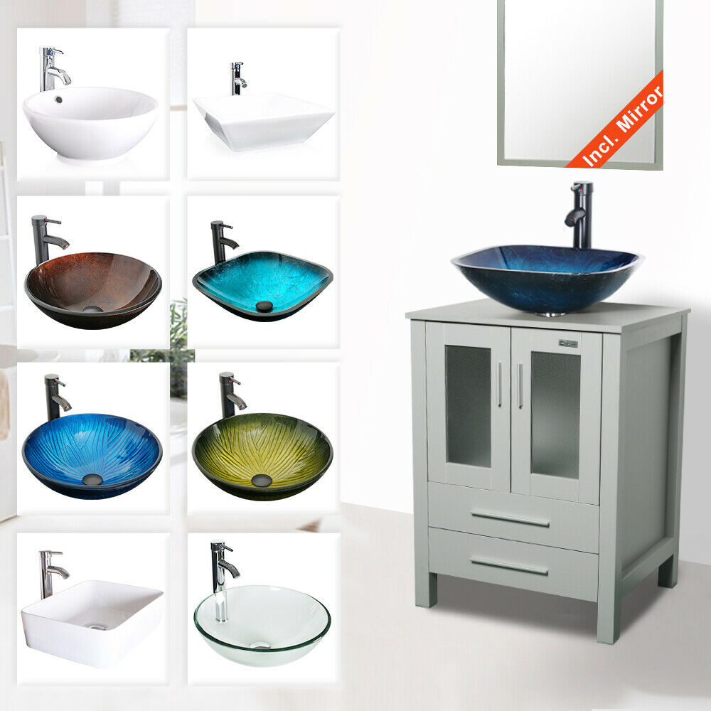 24″ Bathroom Vanity Cabinet Glass Ceramic Vessel Sink W/ Faucet Drain Gray Set