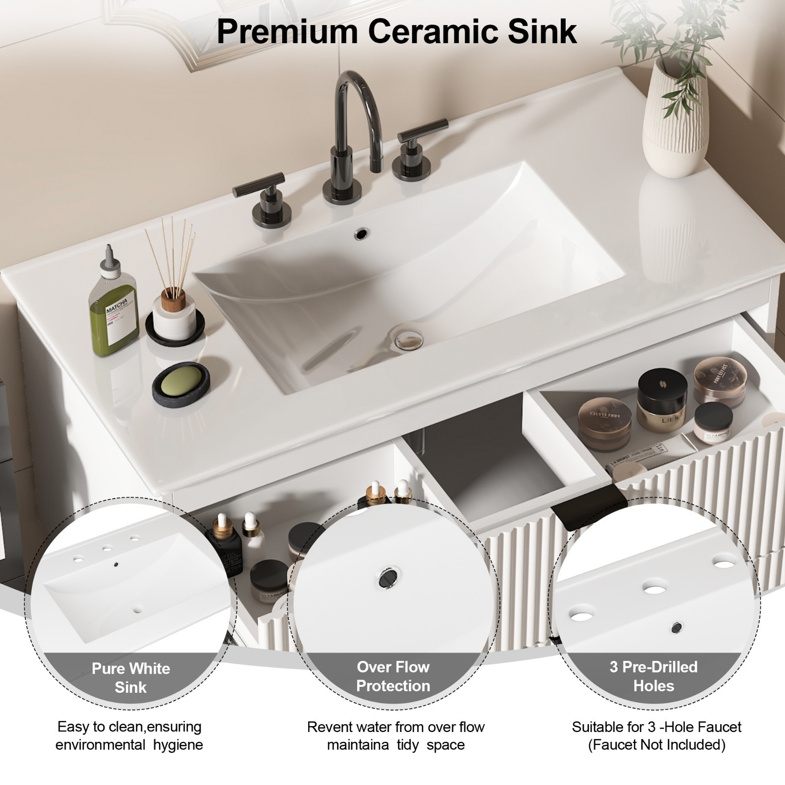 24″ 30″ 36″ Wall Mounted Bathroom Vanity w/Sink Floating Vanity Cabinet 2 Drawer