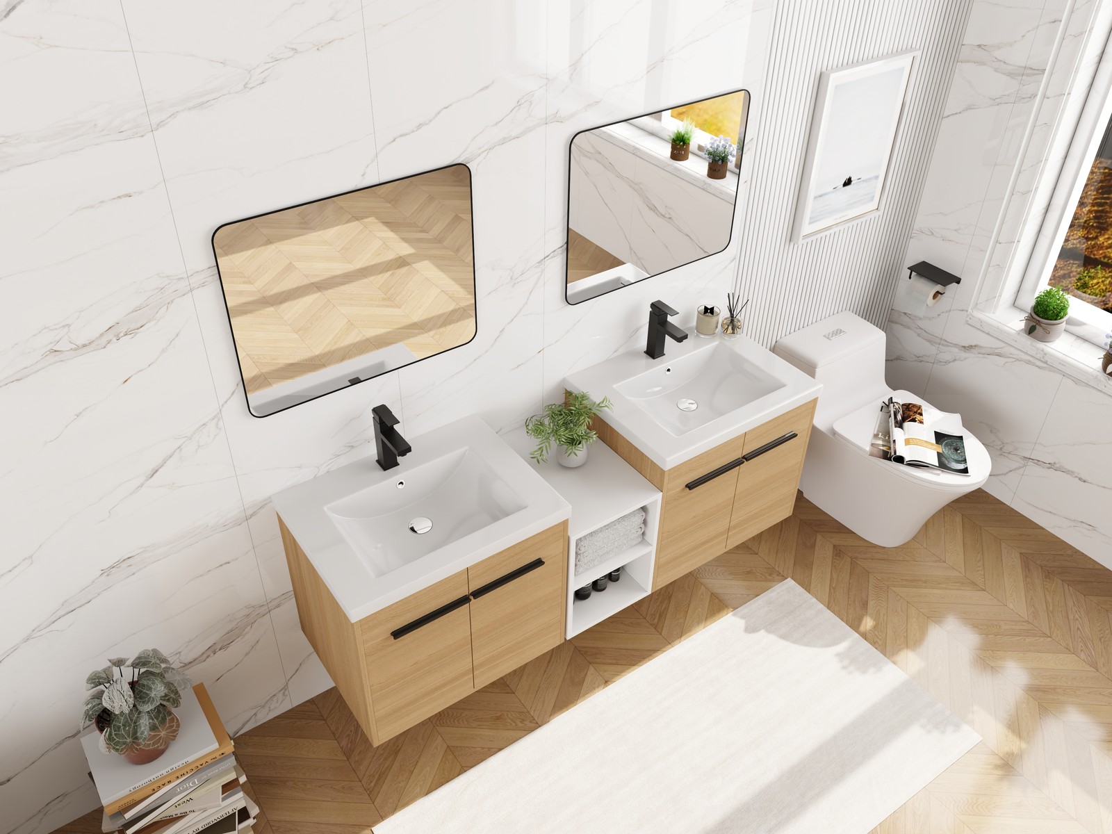 60 Inch Wall Mounted Bathroom Vanity with Resin Sink, 4 Doors & Shelves