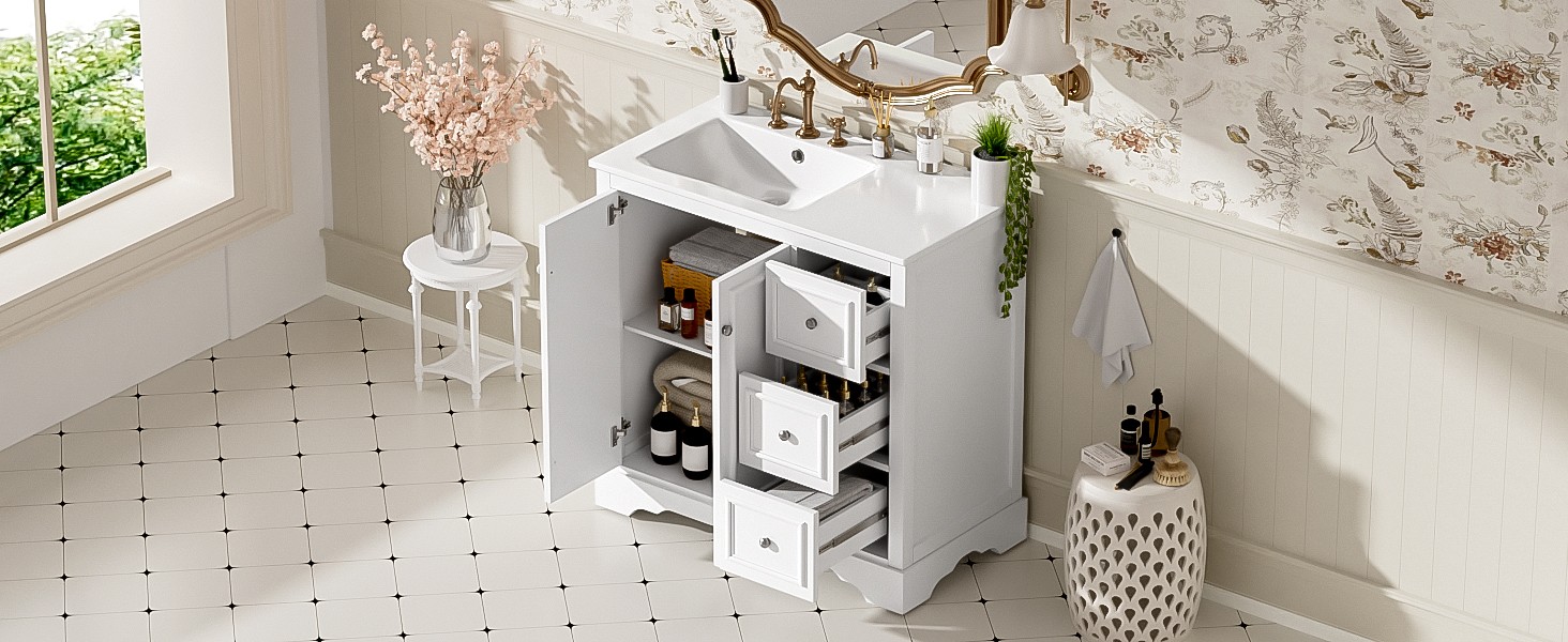 36″ White Transitional Bathroom Vanity with Ceramic Sink