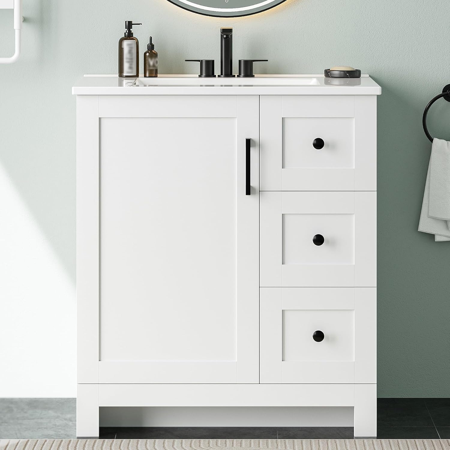 LIKIMIO 30″ Bathroom Vanity with Sink, Freestanding Bathroom Vanity with 1 Soft-