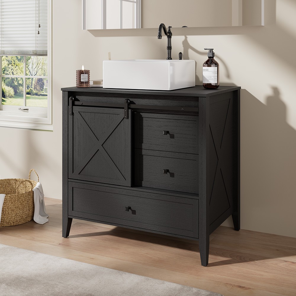 36″ Bathroom Vanity w/Sink Ceramic Freestanding Cabinet Wood Grain Texture Black