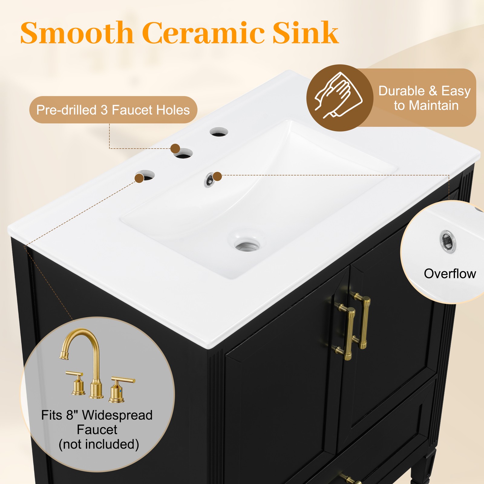 30 Inch Black Fluted Bathroom Vanity with Ceramic Sink, Soft-Close