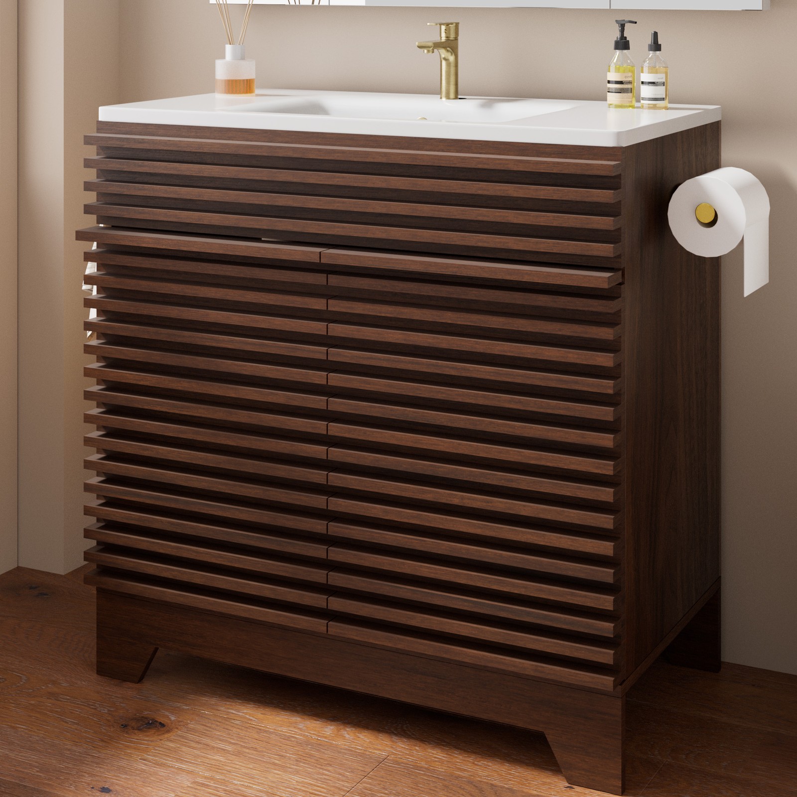 32″ Bathroom Vanity w/ Ceramic Sink Storage Vanity Cabinet Towel Hooks Walnut