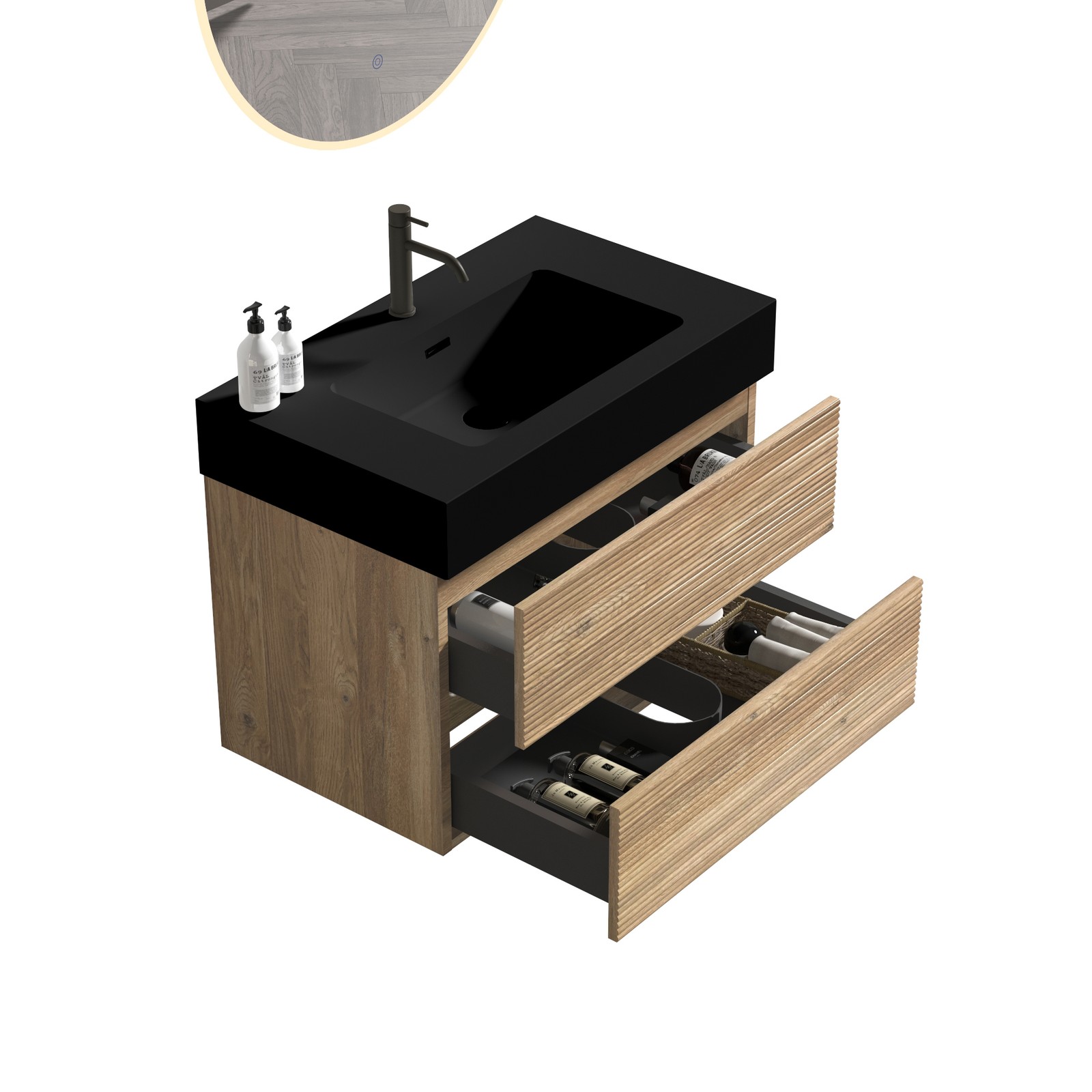 30″ Rough Oak Wall Mounted Bathroom Vanity with Black Sink & Drawers