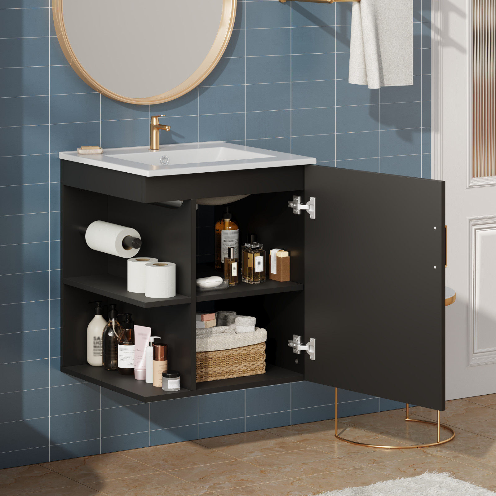 20″ Wall Mounted Bathroom Vanity Storage Cabinet With Sink Door Open Shelves
