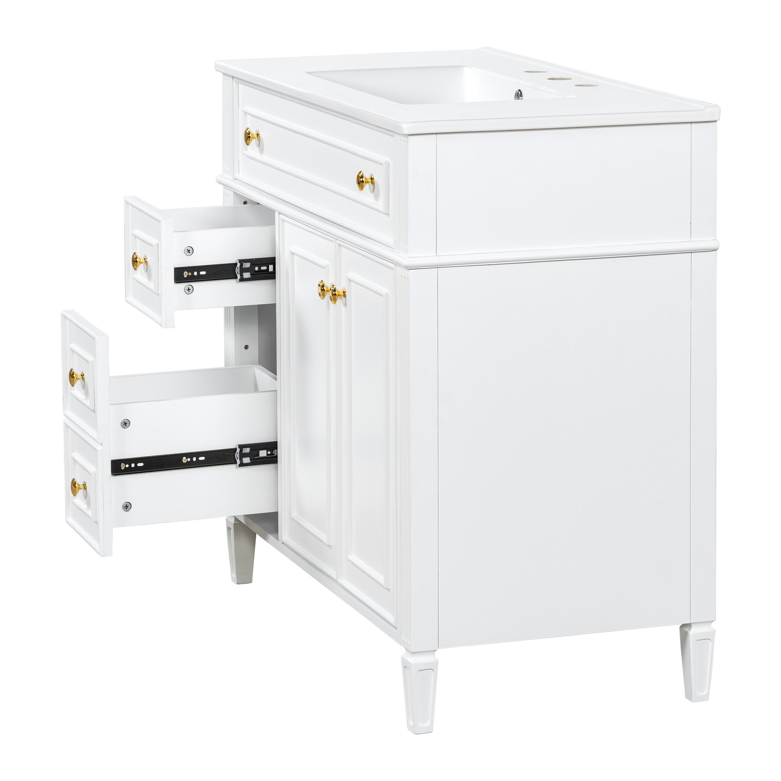 36″ Bathroom Vanity with Sink, White Solid Wood Cabinet, Gold Handles