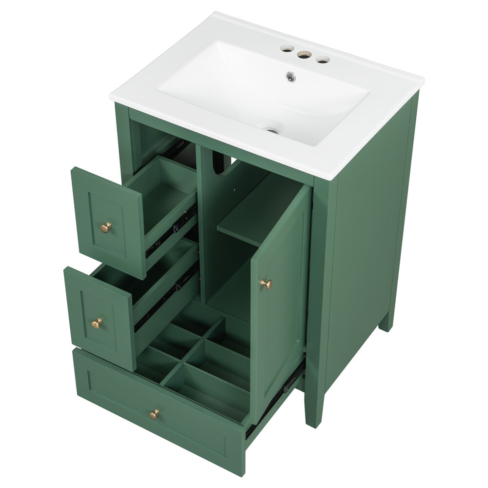 24″ Bathroom Vanity w/Ceramic Sink, Freestanding Vanity Cabinet, 3 Drawers, Door
