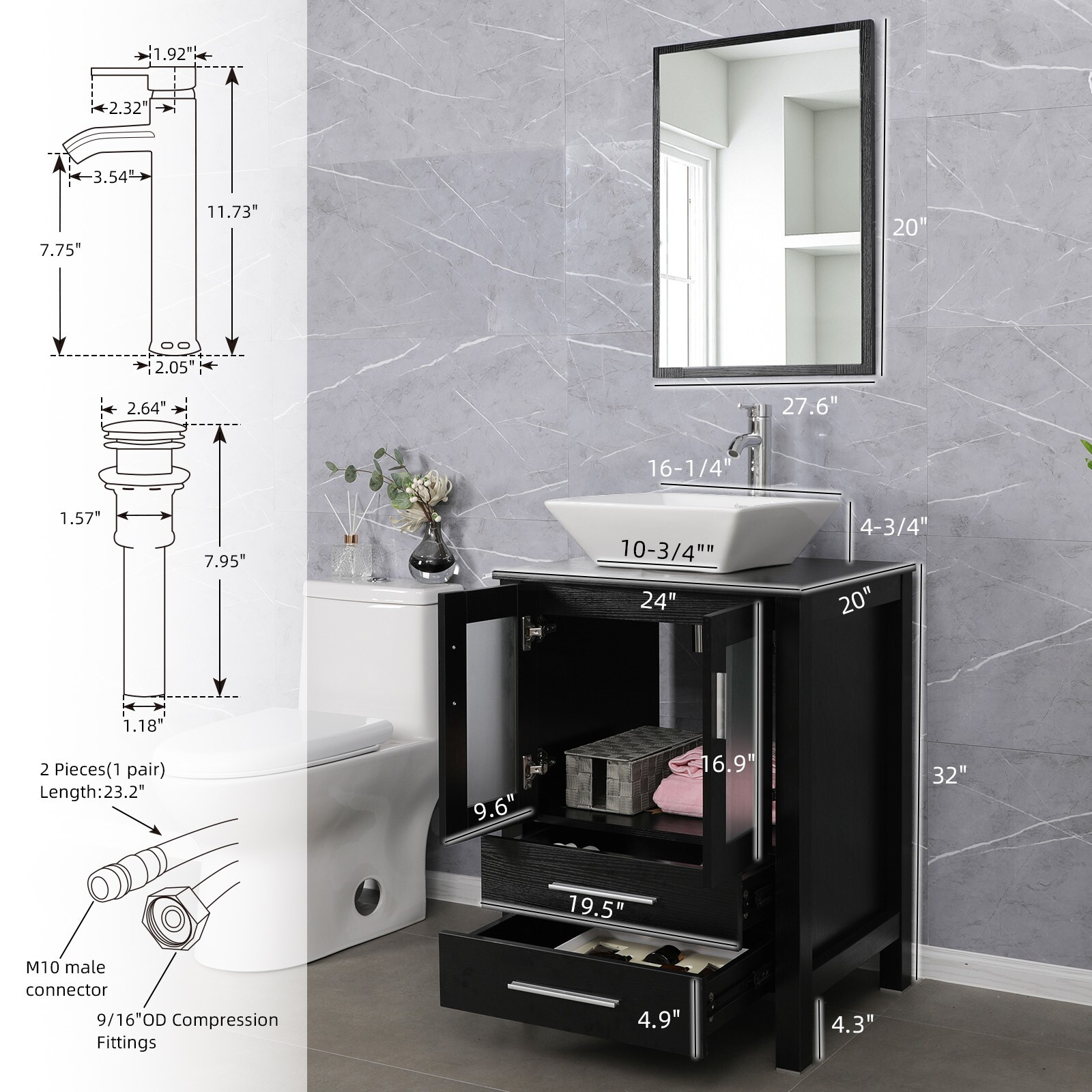 24″ Bathroom Vanity Set Black W/mirror & White Ceramic Sink Faucet Drain Combo