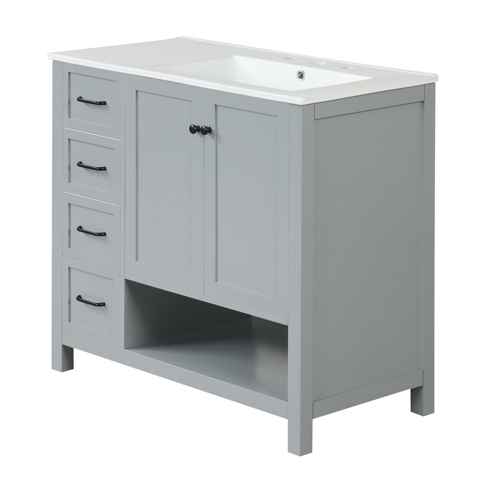 36″ Bathroom Vanity with Sink Top, Cabinet, Two Doors, Two Drawers, Grey