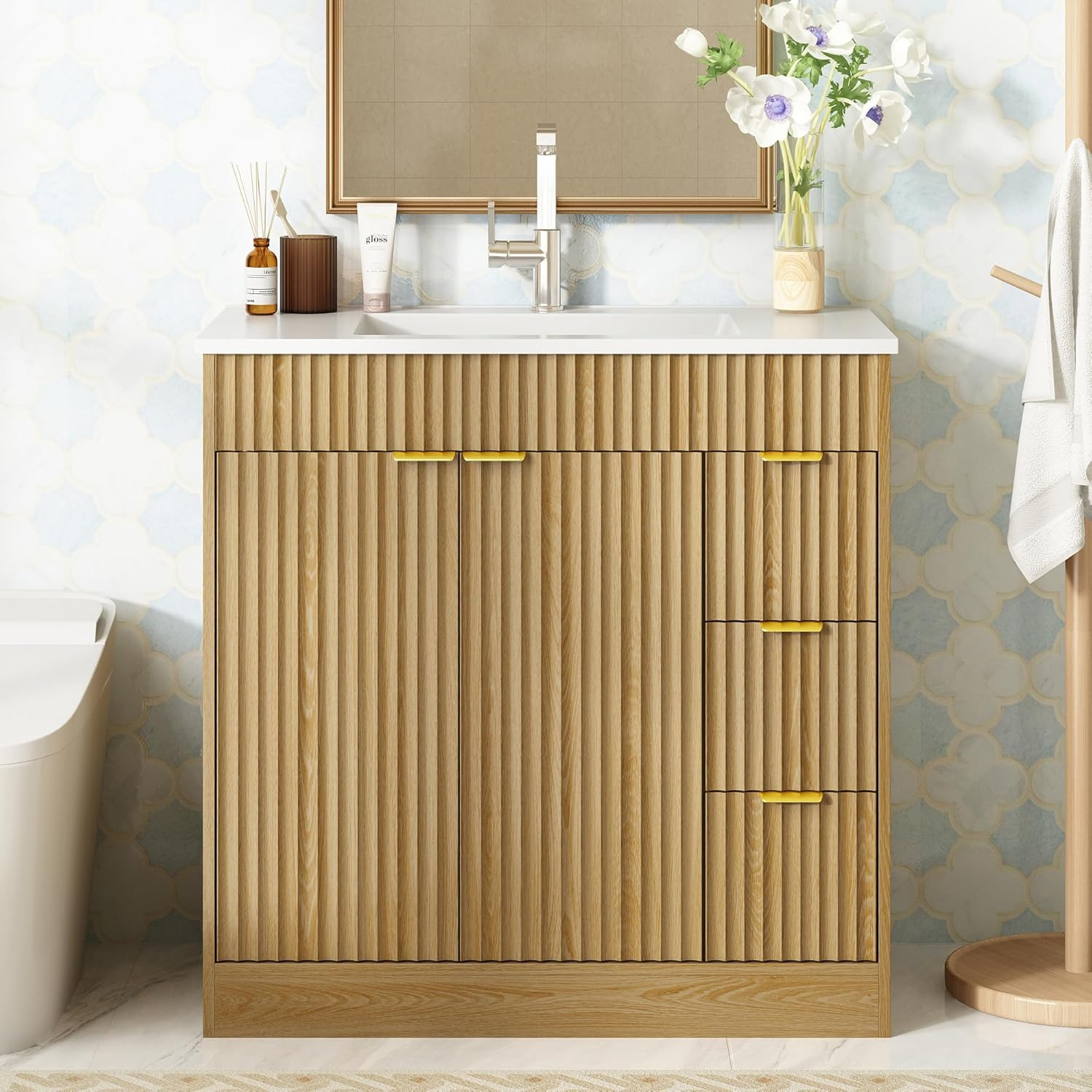 36 Inch Bathroom Vanity with Sink, Modern Fluted Bathroom Vanity with Sink with