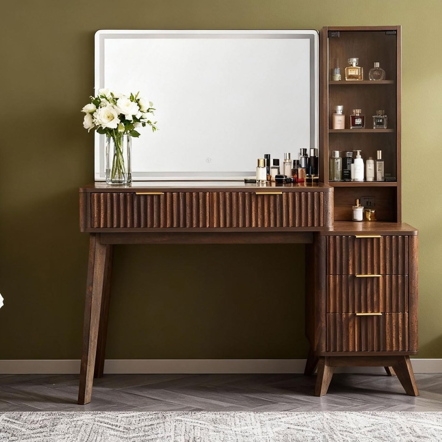 48in Fluted Vanity Desk 36in Mirror Lights Adjustable Shelves 5 Drawers