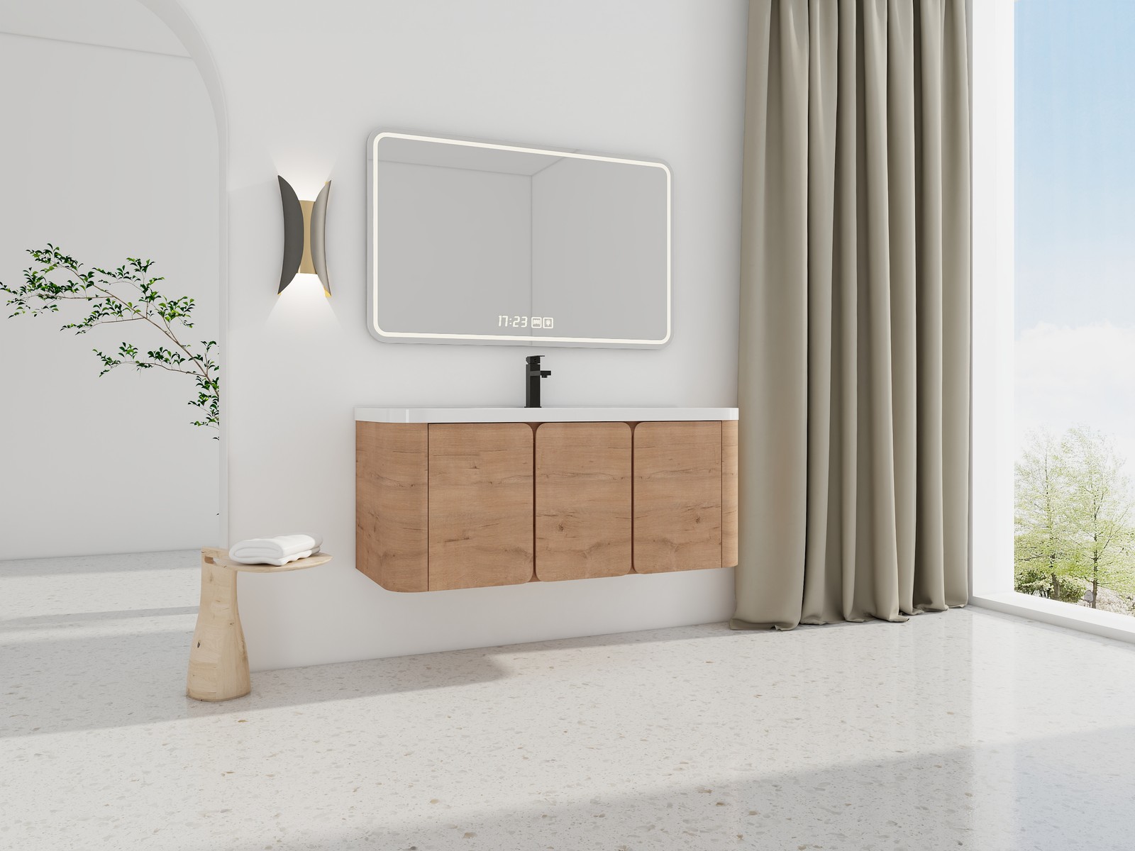 48″ Plywood Floating Wall-Mounted Bathroom Vanity Resin Sink 3 Soft-Close Doors