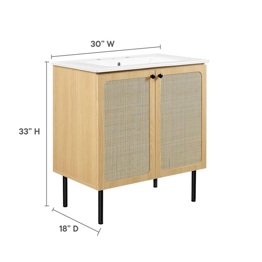 Modway Chaucer 30″ Wood & Rattan Bathroom Vanity in Oak/White