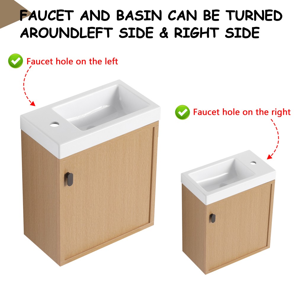 18.5-inch wall-mounted bathroom vanity overhangs to save space