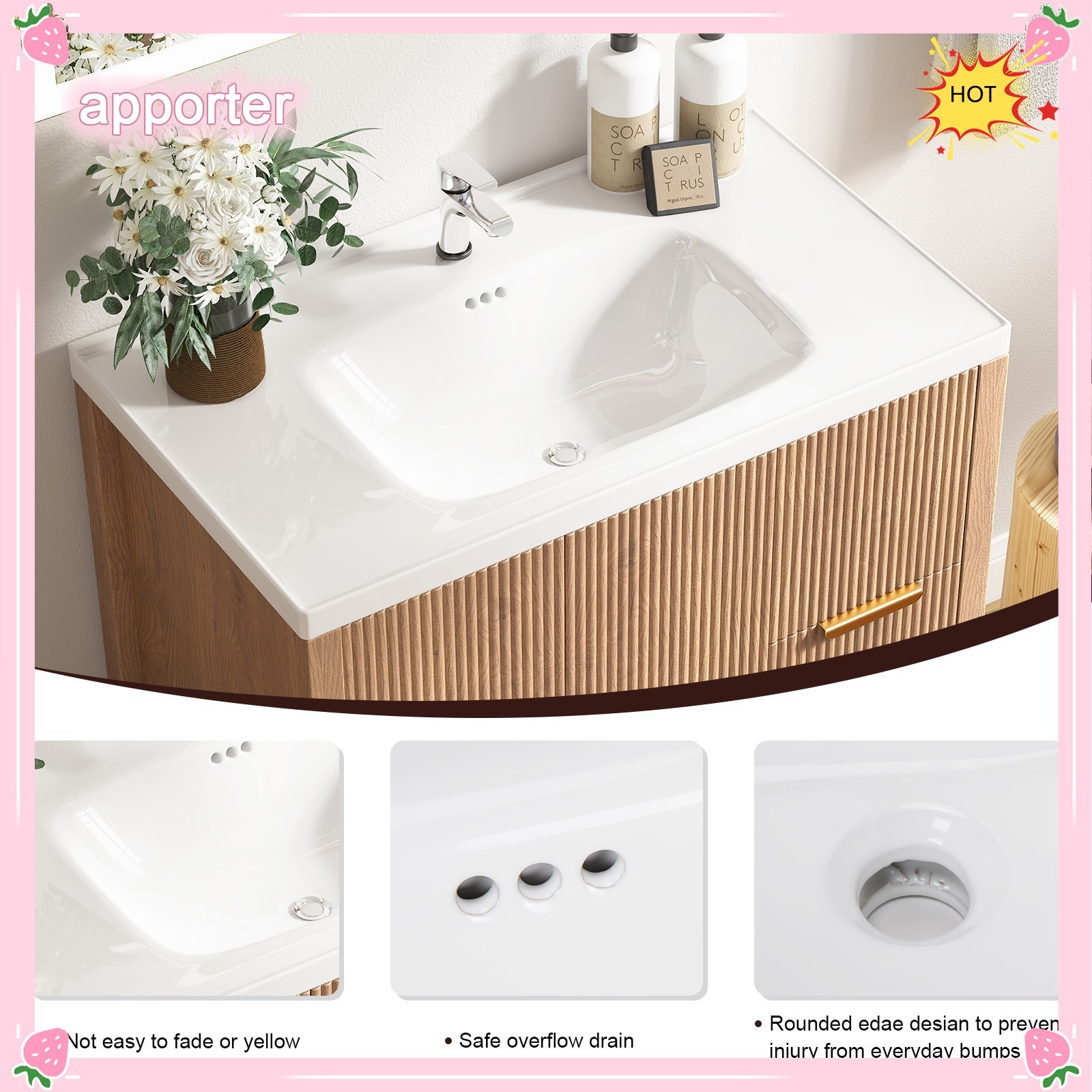 31.5″ Wooden Bathroom Vanity Cabinet with Ceramic Sink Single-Bowl + Drawers USA