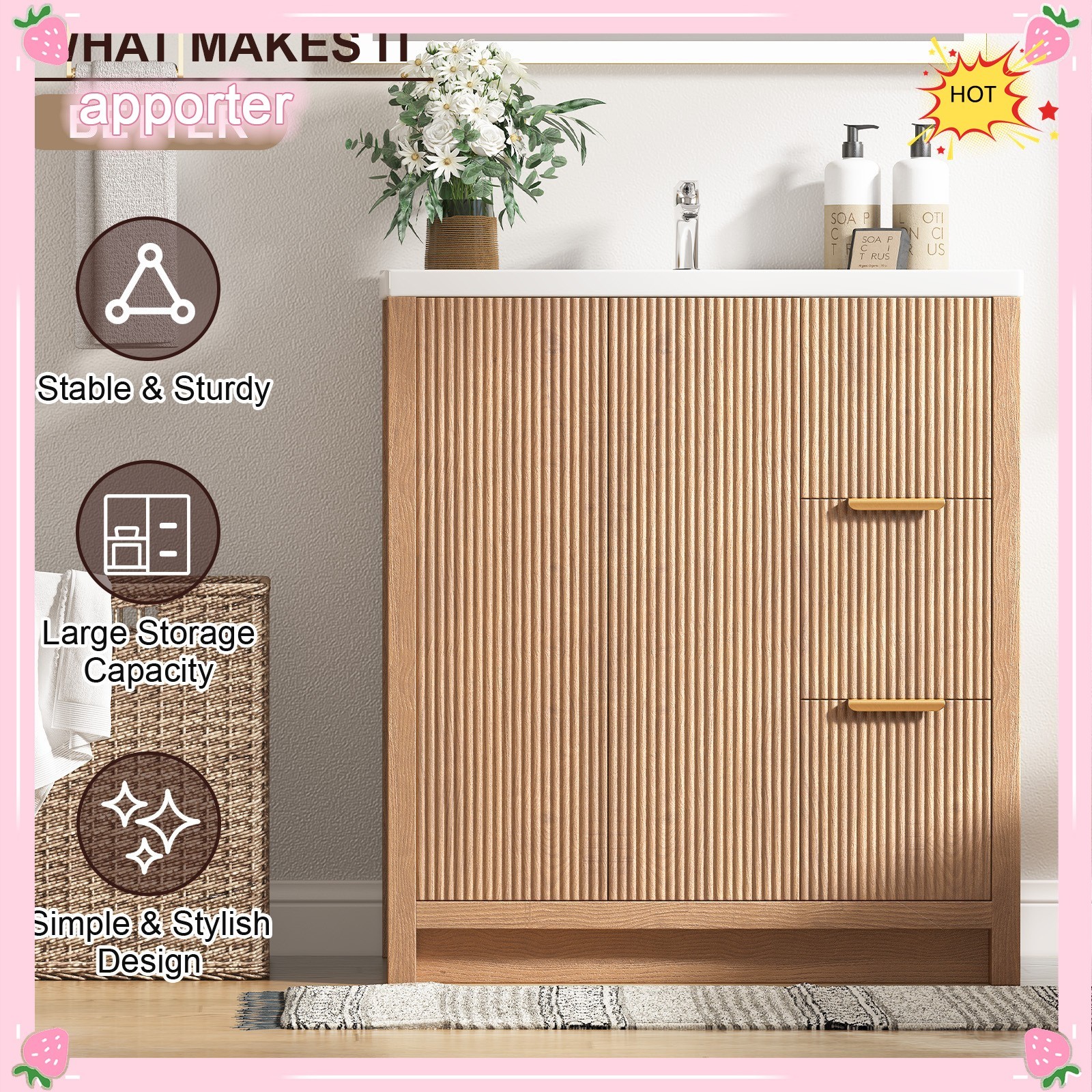 31.5″ Wooden Bathroom Vanity Cabinet with Ceramic Sink Single-Bowl + Drawers USA