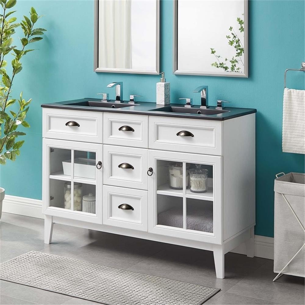 Modway Isle 48″ Wood/Ceramic Double Bathroom Vanity Cabinet in White/Black
