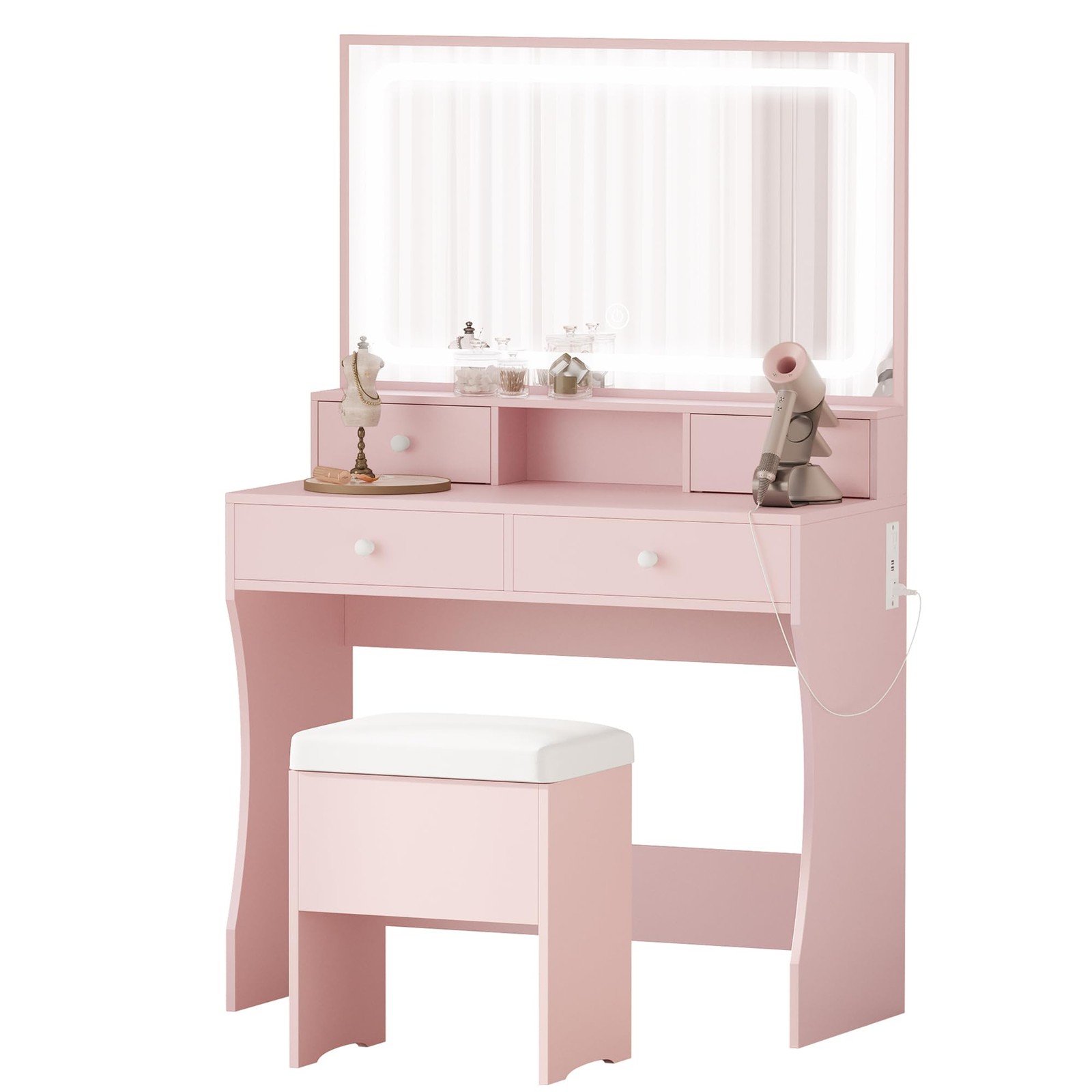 Vanity Desk with LED Lighted Mirror & Power Outlet 4 Drawers Storage Bench Pink