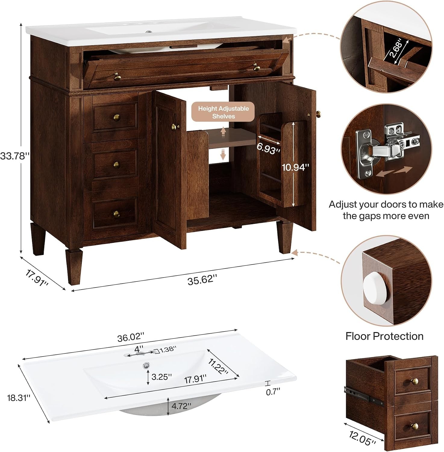 36 inch Bathroom Vanity With Sink Wood Bathroom Cabinet with 4 Drawers & 2 Doors