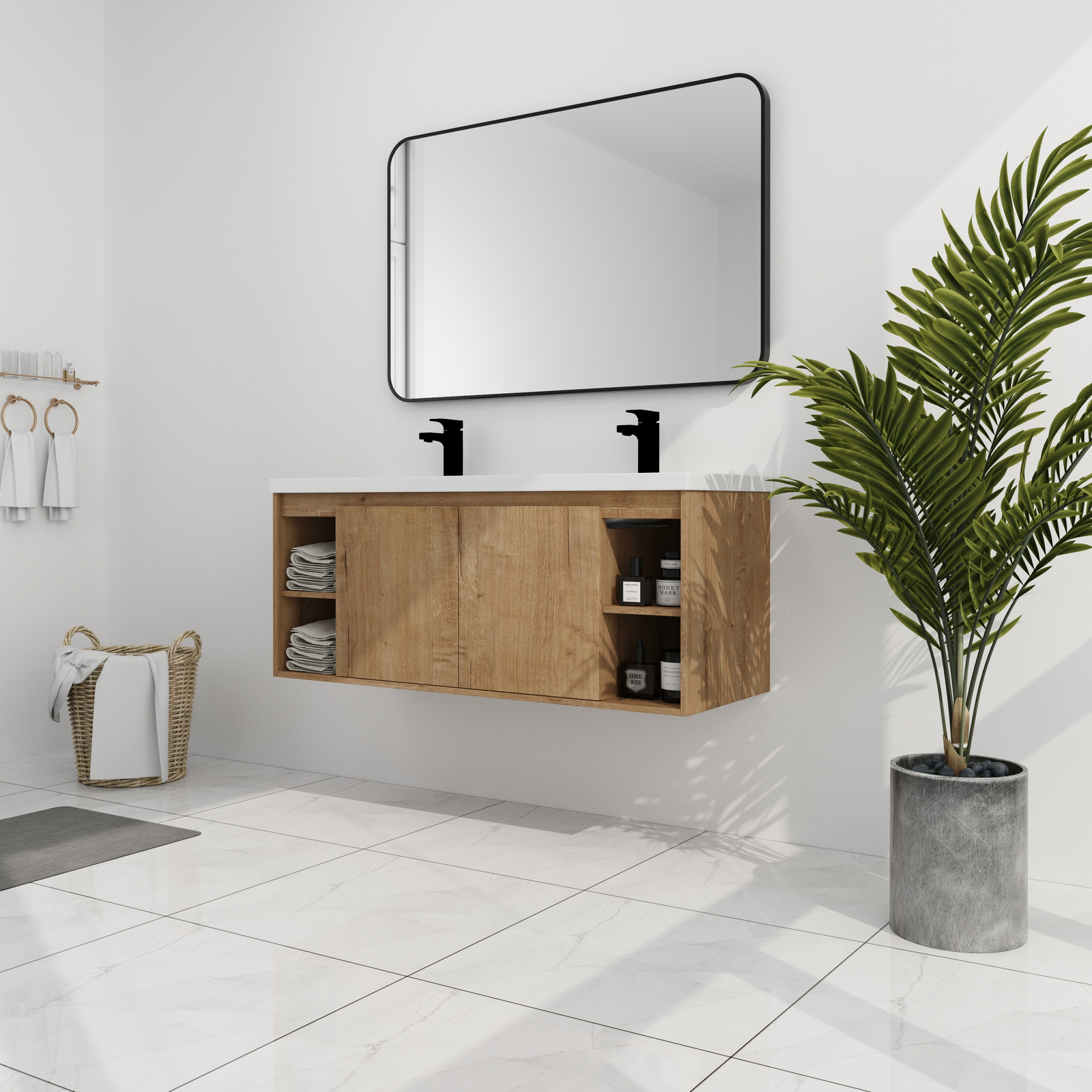 48inch Wood Wall Mounted Foating Bathroom Vanity W/ Double Sink +Shelf and Doors