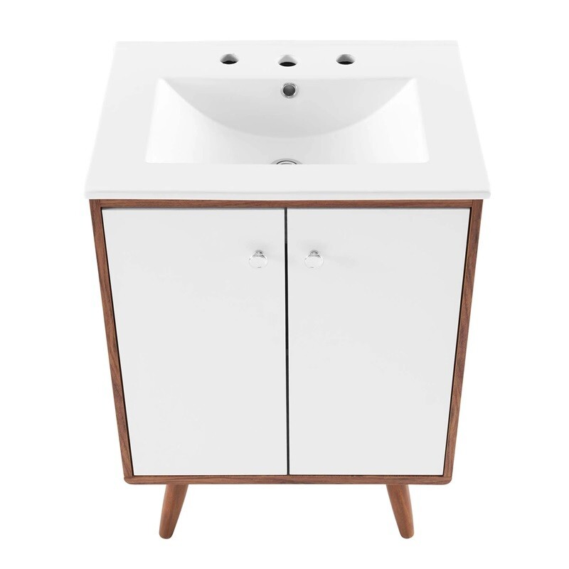 White Mid Century Modern Walnut Bathroom Vanity Ceramic Sink Single Double